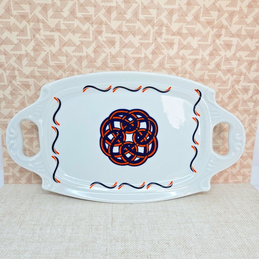 Small Celtic Style Porcelain Serving Tray, Blue, Orange, Kangaroo Marking